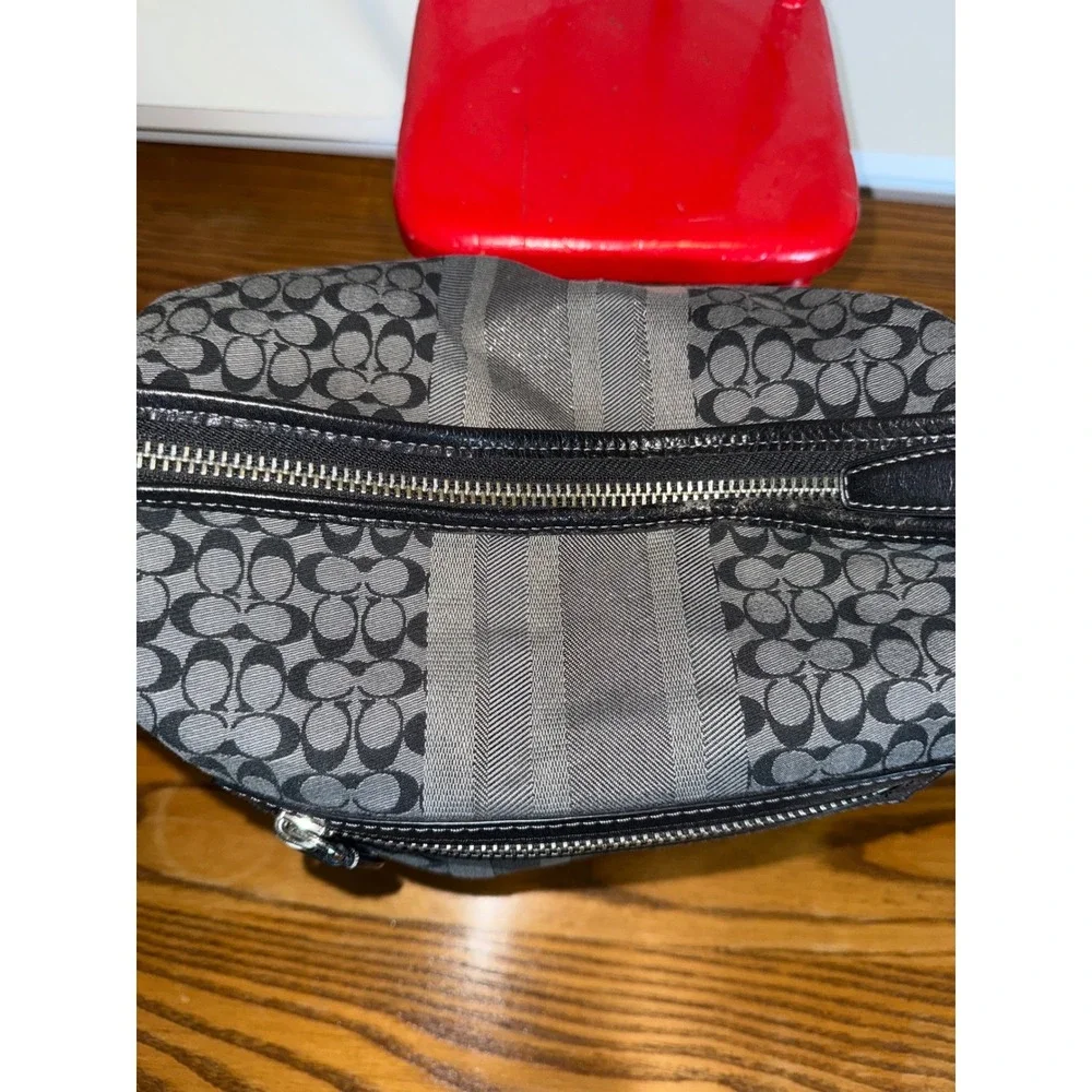 Coach Signature Stripe Crossbody‎ Bag Black Grey Canvas Leather Tassel